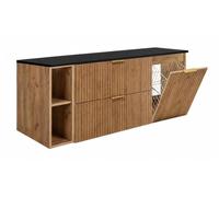 3xE Living Ensemble de Meubles de Salle de Bain avec Panier à Linge, Chêne Craft/Plan Noir/Poignées Dorées, 140 x 57 x 46 cm