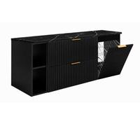 3xE Living Ensemble de Meubles de Salle de Bain avec Panier à Linge, Noir/Plan Marbre Black Royal/Poignées Dorées, 140 x 57 x 46 cm