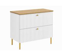 3xE Living Meuble de Salle de Bain sur Pieds avec Plan 80, Blanc + Plan chêne Clair, poignées en Trois Couleurs, Pieds dorés, 80 x 44,4 x 73,6 cm