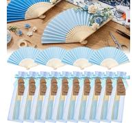 4/12/20/40 pièces Éventails pliables + Sacs en maille + Cartes de vœux, style japonais et chinois, convient pour les mariages, les baby showers, les fêtes de mariée, éventails en papier bleu clair à m