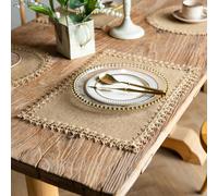 4/6 pièces, Napperons en jute de style boho chic - Tapis de table tissés naturels avec pompons, design carré et rond inspiré du vintage pour la décoration de table de fête Rectangle (12*18 pouces),Ron