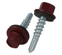 4.8 mm x 25 mm Vis de toiture, tête hexagonale autoperceuse colorée (RAL 3005 Rouge vin) vis de toit avec rondelle scellée en EPDM, vis à gros filets trempés zingués antirouille (50 pièces)