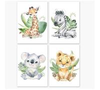4 Affiche Safari Enfant Poster Chambre Bebe Toile Animaux Jungle Tropicale Feuille Verte Mural Tableau Decoration20x30cm sans