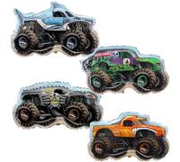 4 ballons en aluminium sur le thème de Monster Jam : Grave Digger, El Toro Loco, Max D et Megalodon