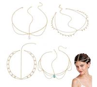 4 Chaîne de tête de déesse dorée bandeau chaîne frontale avec pompons, bijoux de tête oriental pour femme, accessoire cheveux pour mariage, bal, fête, carnaval et cosplay Chaîne à pompon Style bohème