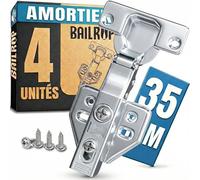 4 Charnières Porte Placard Amortisseur 110° - Charnière Porte Cuisine 35mm | Amortisseur, 35MM, ouverture 110°, Lot de 4, visserie incluse - pour cuisines, armoires et meubles