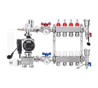 [4 circuits de chauffage] Répartiteur de circuit de chauffage en acier inoxydable, kit de régulation de valeur fixe avec pompe à haute efficacité et cône euro 3/4 (20 x 2 mm), kit de purge et robinets