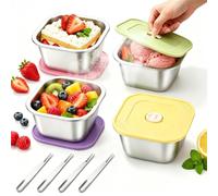 4 Coupelles Dessert Inox 400ml, , Boîte Alimentaire Inox Réutilisable | Boite Gouter Couvercles Colorés, pour Crème Glacée Gâteaux Fruits Snacks, Lunch Box Boîte Goûter avec 4 Cuillères