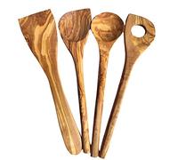 4 cuillères de cuisine haut de gamme - Lot de 4 en bois d'olivier - rondes + avec angle + spatule + cuillère à risotto (lot de 4)