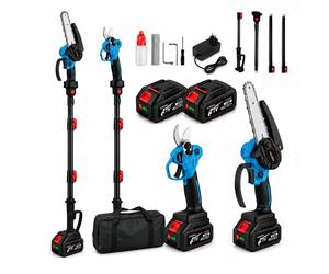 4-en-1 Élagueuse sur perche sans fil 21V Brushless, mini tronçonneuse 6" & sécateur 40 mm, 2×4,0Ah batteries, manche télescopique jusqu’à 205 cm