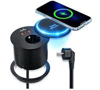 4-en-1 Prise EncastrablePplan de Travail avec Chargeur Sans Fil 15W, Multiprise Plan de Travail avec USB-C PD 20W+USB-A QC Bloc Prise Escamotable pour Meubles, Cuisine, Bureau 2M Câble, Diamètre 80mm