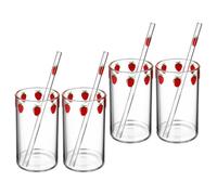 4 Ensembles Gobelet en Verre Transparent à Paille, Motif Fraise | Format Compact Réutilisable, Nettoyage Facile, Pailles Incluses, pour Café, Eau, Jus, Bureau ou Table de Réception