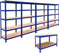 4 étagères de rangement T-Rax, étagères à emboîter, rangement, étagères pour charges lourdes, étagères en acier, atelier, 180 cm x 90 cm x 45 cm, bleu, réglables en hauteur, et établi Q-Rax, table de