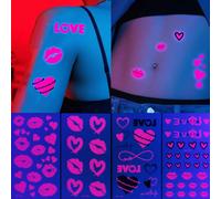 4 feuilles de tatouages lumineux fluorescents en forme de cœur, tatouages temporaires imperméables néon rose, longue durée, tatouages sexy pour le maquillage du corps des hommes et des femmes graphiqu