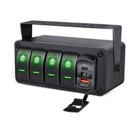 4 Gang Boîte d'interrupteur à bascule, 12V 24V Interrupteur ON Off QC 3.0 Chargeur USB Voltmètre Panneau d'interrupteurs à bascule en aluminium avec autocollants phosphorescents