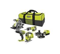 RYOBI 4 outils : 1 perceuse-visseuse + scies (sauteuse, circulaire & sabre) + 2 batteries 4 Ah & 2Ah + 1 chargeur & sac de transport