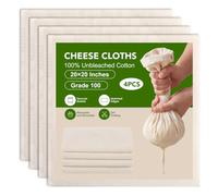 4 Pcs Etamine Alimentaire, 50 x 50 cm Chiffon Cuisine Réutilisable Grade 100 Fine Étamine Tissu Non Blanchi Lavable Mousseline Alimentaire pour Filtrer Jus Fromage Thé Laits Végétaux Soupes Yaourts