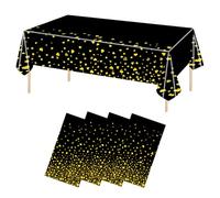 4 Pcs Nappe de Table en Plastique, Nappe Imperméable 137x274cm, Couverture Table Rectangulaire Blanc Noir avec Confettis Cœur Or, Nappes Fête Réutilisable Mariages Décorations Anniversaire (4, Noir)