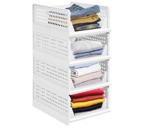 4 PCS Organisateur Empilable Tiroir, Vetement Armoire Empilable Tiroir Coulissant, Rangement Vetement pour Placard, Cuisine, Salle de Bain, Chambre à Coucher (Blanc, Lot de 4, 33.5*43*56 cm)