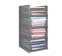 4 PCS Organisateur Empilable Tiroir, Vetement Armoire Empilable Tiroir Coulissant, Rangement Vetement pour Placard, Cuisine, Salle de Bain, Chambre à Coucher (Gris, Lot de 4, 33.5*43*72 cm)
