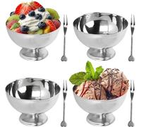 4 Pcs Tasses à Glace en Acier Inoxydable, Coupes à Dessert, Tasses à Yaourt avec Pieds Ronds Argentés, Réutilisables avec Fourchette pour Desserts, Coupes Glacées, Desserts aux Pieds de Fruits