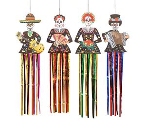 4 pièces/1 pièce Décoration suspendue de squelette coloré, multiples designs de franges de squelette - Décoration suspendue de squelette du Jour des Morts - Bannière du Jour des Morts mexicain, convie