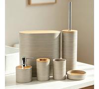 4 pièces/6 pièces Ensemble d'accessoires de salle de bain, ensemble de lavage avec couvercle en bambou à rayures transversales, fournitures de salle de bain en plastique et bambou, comprenant distribu