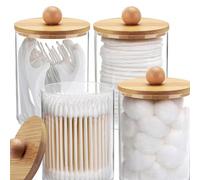 4 pièces Accessoires avec couvercle en bambou titulaire de distributeur pour tampon, rondelle, fil dentaire, etc. - ensemble de bocaux de distribution en plastique transparent de 10 oz pour le stockag