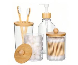 4 pièces Accessoires de salle de bain Distributeur de savon, Bocaux porte-cotons-tiges, Porte-brosse à dents, Boîte de rangement de salle de bain bohème, Décoration de chambre esthétique, Décoration d