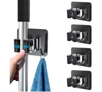 4 Pièces Acier inoxydable Porte Balai, Auto Adhésif Accroche Balai Mural sans Perçage, Mop Support avec Crochets pour Cuisine Salle