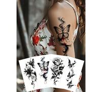 4 pièces Autocollants de tatouage temporaire floral noir imperméable, papillon exquis rose 3D tatouages temporaires réalistes, convient aux femmes, peut être utilisé sur le corps et les bras, lavable,
