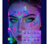 4 pièces Autocollants de tatouage temporaire fluorescents sous UV, tatouages de visage colorés aux néons de boîte de nuit, tatouages de papillon fluorescents pour festival de musique, imperméables, au