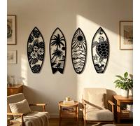 4 pièces Décoration murale de planche de surf en métal - Panneau de plage d'été, avec design de tortue et de palmier - Art mural côtier, convient pour la décoration de porte et la décoration de la mai