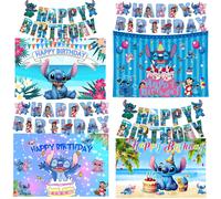 4 pièces Ensemble de décorations suspendues pour fête d'anniversaire sur le thème de Stitch, toile de fond imprimée avec Stitch, gâteau et plage pour joyeux anniversaire, décorations pour fête d'anniv