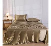 4 pièces Ensemble de draps de lit en satin de soie de couleur unie premium doré, 1 pièce drap-housse & 1 pièce drap plat & 2 pièces taies d'oreiller Ensemble de protection de matelas (inserts d'oreill