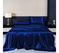 4 pièces Ensemble de literie en satin de couleur unie bleu marine de luxe, comprenant 1 cache-sommier, 1 drap plat et 2 taies d'oreiller (les oreillers ne sont pas inclus). Ensemble de cache-sommier e