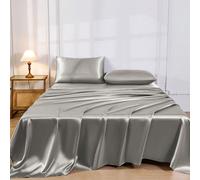 4 pièces Ensemble de literie en satin de soie de couleur unie gris clair premium, 1 pièce drap-housse & 1 pièce drap plat & 2 pièces taies d'oreiller Ensemble de protection de matelas (inserts d'oreil