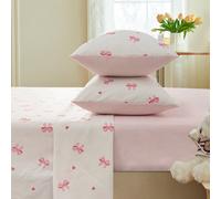 4 pièces Ensemble de literie imprimé nœud rose - Drap-housse, drap plat et 2 taies d'oreiller en polyester super doux (insert d'oreiller non inclus) - Motif nœud rose et cœur rouge - Lavable en machin