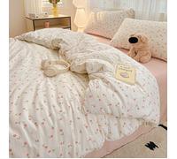 4 pièces Ensemble de literie romantique à motif floral de tulipe (1*Housse de couette + 1*Drap plat + 2*Taies d'oreiller), Imprimé nœud, Drap rose, Jardin, Décoration douce pour la maison, Lavable en 