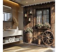 4 pièces Ensemble de rideaux de douche en bois rustique, avec motifs de lanterne vintage, roue de chariot et jardinière florale - Lavable en machine, tissu polyester toutes saisons, sans doublure, com