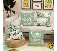 4 pièces/ensemble Taie d'oreiller de canapé imprimée en feuille verte 'Home Is Where Our Story Begins', un cadeau pour votre maison, salon, chambre ou voiture! 45cm X 45cm [Sans noyau d'oreiller, impr