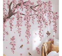 4 pièces Grands autocollants muraux de branche d'arbre à fleurs de cerisier rose suspendue & d'oiseau, arbre à fleurs de cerisier avec renard, lapin, hérisson, papillon, petits animaux, autocollants e