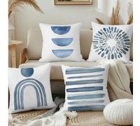 4 pièces Housse de coussin d'art abstrait géométrique, couvercles de coussin décoratifs bleus et blancs doux et moelleux, avec fermeture éclair, lavables à la main - idéal pour le salon, le canapé et