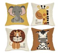 4 pièces Housses de coussin décoratif animal, avec motifs éléphant, girafe, lion, zèbre. Housses de coussin d'extérieur, coques de coussin joyeuses et courageuses, décoration de chambre d'enfant, desi