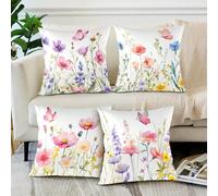 4 pièces Housses de coussin décoratif de 45 x 45 cm à motif de fleurs sauvages, housses de coussin à design floral coloré, housses de coussin carré en velours pêche doux, convient pour la décoration d