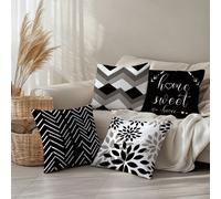 4 pièces Housses de coussin décoratifs simples et quotidiens en noir et blanc avec motif géométrique "Home Sweet", en matériau velours doux imprimé sur un seul côté, 45*45cm/50*50cm/40*40cm, pour la d