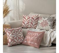 4 pièces Housses de coussin décoratives minimalistes roses géométriques "Home Sweet", en velours pêche doux à simple face, 45*45cm/50*50cm/40*40cm Housses de coussin pour la décoration de la maison, l