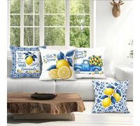 4 pièces Housses de coussin imprimées en velours pêche avec thème de texte citron, 100% polyester, pour salon, canapé, chambre à coucher - décoration d'ambiance multi-scène, sans insert de coussin, 40