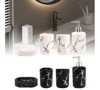4 pièces Set d'accessoires de salle de bain rechargeables de luxe avec motif marbre, comprenant un flacon de lotion, un gobelet pour bain de bouche, un porte-savon et un porte-brosse à dents. Convient