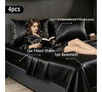 4 pièces/set Ensemble de literie de luxe de 80 g/m², 1 drap-housse (30 cm de profondeur), 1 drap plat, 2 taies d'oreiller brodées. Taies d'oreiller de couleur unie premium recommandées pour le printem
